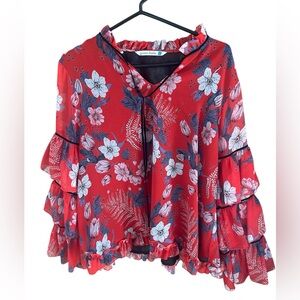NWOT Given Kale Red  Tiered Ruffle Sleeves Floral Blouse Large Botanical Peasant